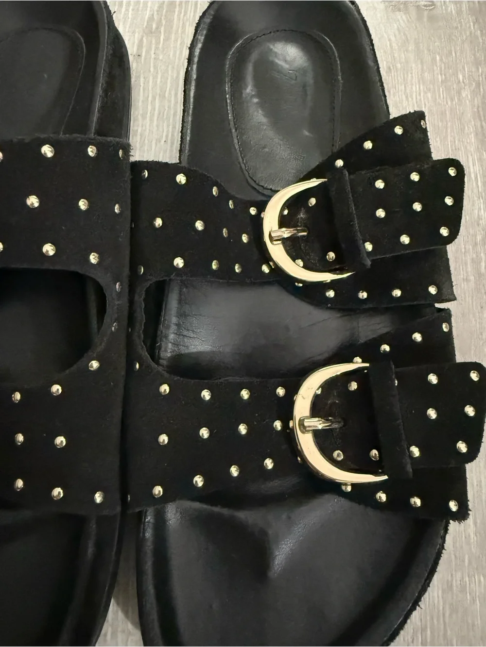 Zara Black Slide Sandals with Gold Buckles - Picture 2 of 4